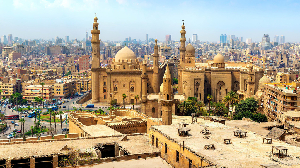 View of the Mosques of Sultan Hassan and Al-Rifai in Cairo, Egypt